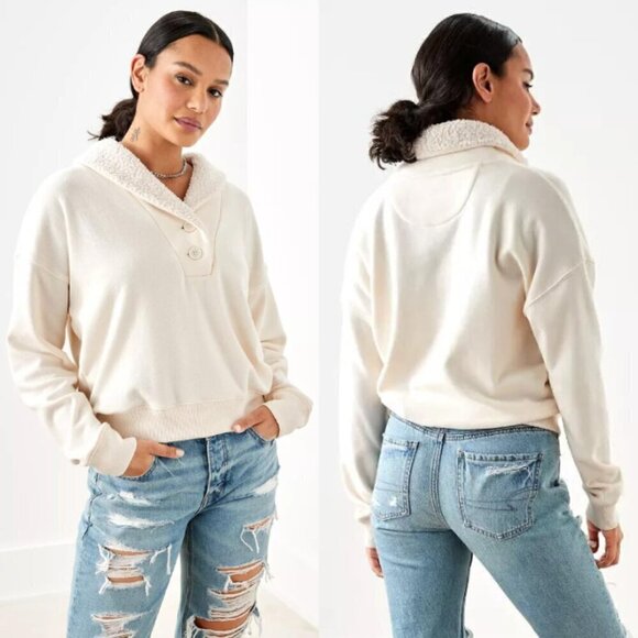 American Eagle AE Sherpa Collared Henley Sweatshirt In Cream - Picture 1 of 5